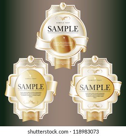 Set of white ornate labels with Gold Tapes. Grouped for easy editing. Perfect for labels or stickers for wine, beer, champagne, cognac, cologne and etc.