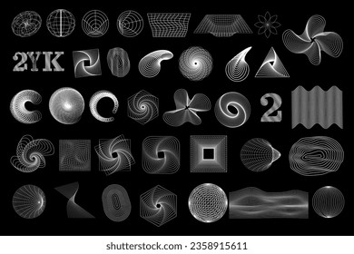 Set of white outline abstract y2k geometric wireframe elements, shapes. Retro elements