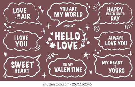 Set of white outline valentine’s Day typography lettering speech bubbles. Doodle chat frame romantic message colorful word for lover. Love heart pattern sweet wedding decorative. Sticker sweet short.