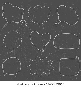 Set of white outline and dotted line speech bubbles in comic style on grunge background. Pop art design for banners, price tags, stickers, badges. Outline. Vector illustration.