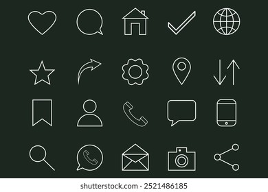 Set of white outline icons on Flat background. Simple linear icons for web design or mobile app interface. Social media, web, communication, home, location, profile,  settings, chat, search, camera.