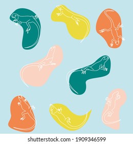 set of white outline lizardrs on colored spots, summer colors
