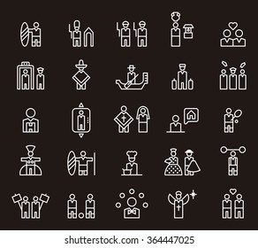 set of white outline PEOPLE icons in black background