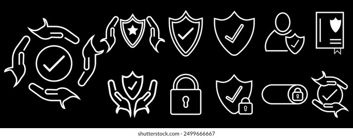 Set of white outline protection or security icons. white border icons collection. Editable stroke. Vector illustration isolated.