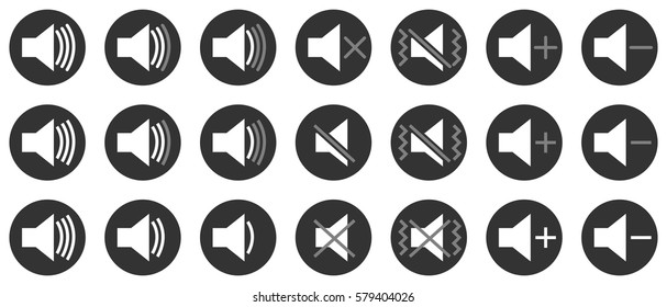Set of white outline sound indicator speaker volume up and down vibrate/vibration mode mute button icons in dark grey circles on a white background trendy flat minimalistic design vector illustration