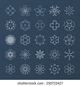 Set of white outline vector silhouettes of flowers