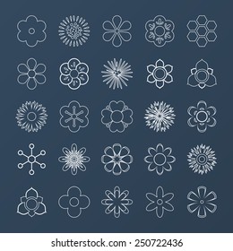 Set of white outline vector silhouettes of flowers