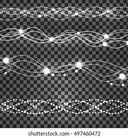 set of  white, overlapping, glowing light garlands on a plaid  transparent background.   Realistic design elements.  vector illustration