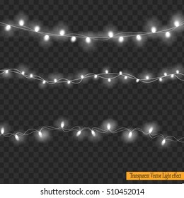 Set Of  White, Overlapping, Glowing Light Garlands On A Plaid Vector Transparent Background. Christmas String Lights.  Vector Illustration.