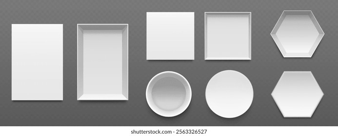 Set of white packaging mockups viewed from top on transparent background. Rectangular, square, circular and hexagonal shapes empty box containers with different lid options for product presentation.