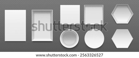 Set of white packaging mockups viewed from top on transparent background. Rectangular, square, circular and hexagonal shapes empty box containers with different lid options for product presentation.