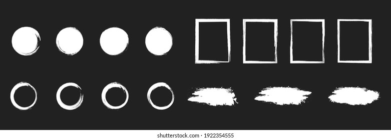   Set of  white paint, ink brush strokes. Brush stroke paint collection. Grunge frame and circle. Vector illustration. Isolated on black background. 10 eps