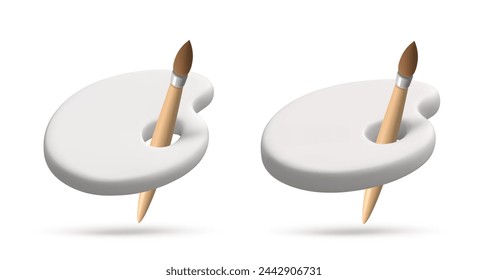 set white palette with brash 3d icon. Creative tools for drawing, painting. Main tool of creative person. Realistic isolated vector illustration for card, party, design, flyer, web, advertising