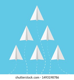 Set of White Paper airplanes flying on blue sky background. Craft design origami style, simply vector graphic illustration for design,icon, logo, background