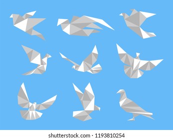 set of white paper bird fly freedom concept, icon, polygonal, Abstract, low poly style flat vector on blue background.