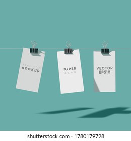 Set of white paper card with binder clip on blue background. Realistic mockup vector illustration.