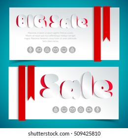Set of white paper cards with red ribbons and  cute text about sale flat vector illustration