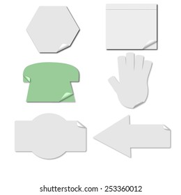 Set of white paper and color stickers  and sticker blocks on white background. Polygonal, telephone, arrow, hand shape. Vector illustration