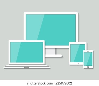 set of white paper computer laptop tablet and smartphone in flat design style. vector.