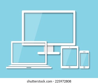 set of white paper computer laptop tablet and smartphone in flat design style. vector.