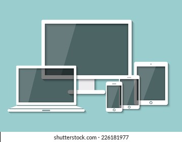 set of white paper computer laptop tablet and smartphone in flat design style.