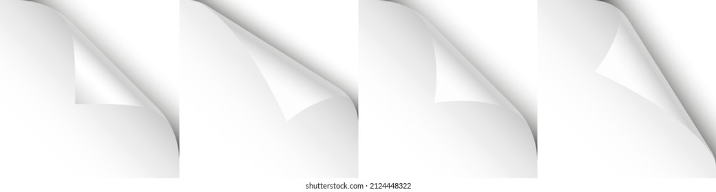 Set of white paper curls. Curled page corner with shadow. Blank sheet of paper. Design element for advertising and promotion. Vector illustration.