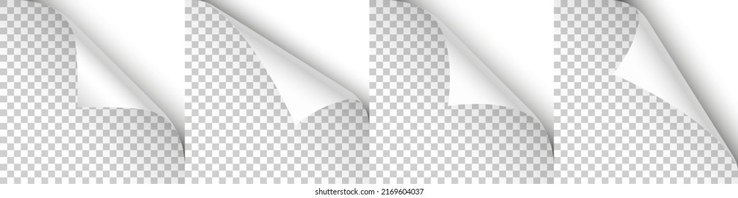 Set of white paper curls. Curled page corner with shadow. Blank sheet of paper. Design element for advertising and promotion. Vector illustration.