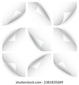Set of white paper curls. Curled page corner with shadow. Blank sheet of paper. Design element for advertising and promotion. Vector illustration.