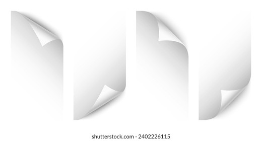 Set of white paper curls. Curled page corner with shadow. Blank sheet of paper. Design element for advertising and promotion. Vector illustration.