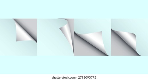 Set of white paper curls with curled page corners and realistic shadow for advertising promotion mockup print presentation design