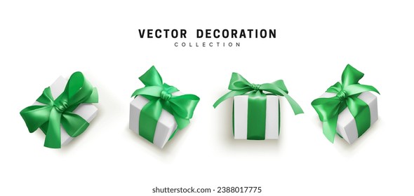 Set of white paper gifts box, green bow. Collection realistic gift presents view top, side perspective view. Celebration decoration objects. Isolated on white background. vector illustration