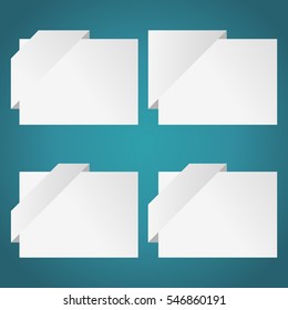 Set of white paper labels on turquoise background. White paper stickers mockup. Vector illustration