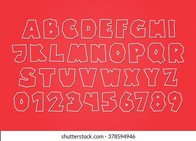 set of white paper labels, stylish alphabet letters and numbers isolated on red background. vector, 3d style font type design. thin line tags typeface icons