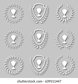 Set of white paper laurel wreaths, shields, champion cups with shadows. Filigree elements, awards, emblems, icons, symbols, logos for web, page design in vintage style. Vector illustration EPS 10.