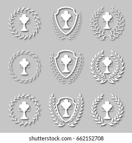 Set of white paper laurel wreaths, shields, champion cups with shadows. Filigree elements, awards, emblems, icons, symbols, logos for web, page design in vintage style. Vector illustration EPS 10.