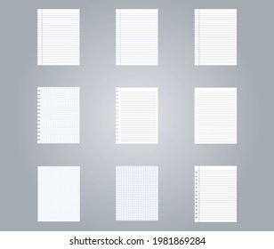 Set of white paper and notebook sheets on gray background