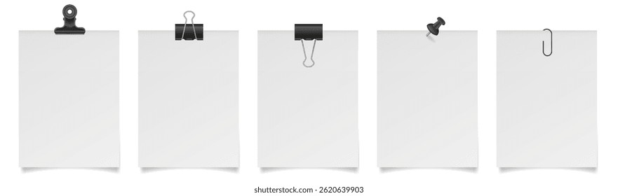Set of white paper notes with binder clips, bulldog clip, paper clip and push pin. White sheets of paper. Black holders