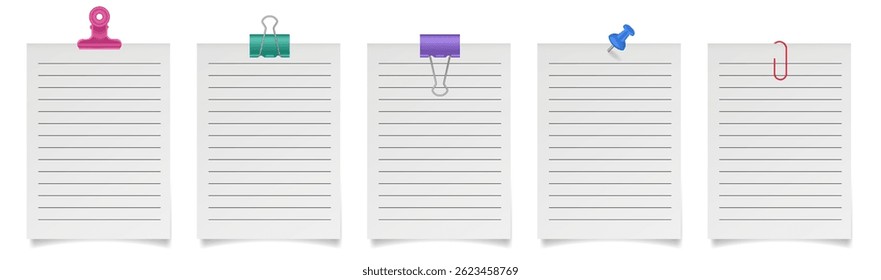 Set of white paper notes with binder clips, bulldog clip, paper clip and push pin. White sheets of lined paper. Pink, green, blue, purple and red holders