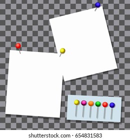 Set of white paper notes with paper clip, tape, and pin.Vector illustration.