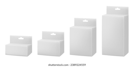 Set of white paper packaging boxes with hanging hole. Blank product package mockup.