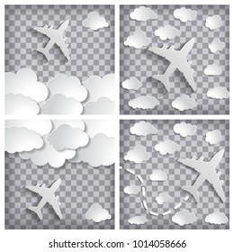 set of white paper planes with clouds on transparency chequered background.  Grey sky travel concept background.