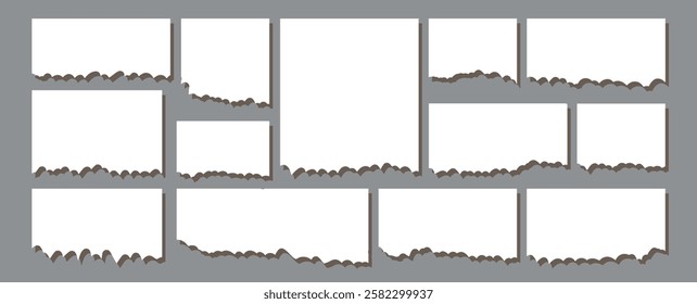 Set white paper ripped. Torn sticky newspaper clip art with paint brush stroke border. vector illustration.