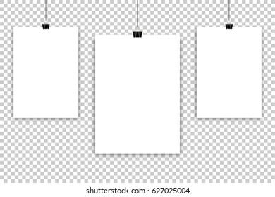 Set White paper sheet or poster hanging on isolated background