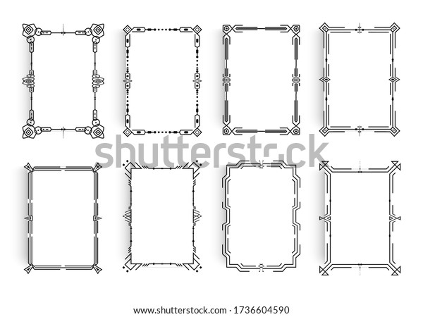 Set of white paper sheets with linear geometric\
frame around the sheet, classic minimalistic frame style. Borders\
for poster, banner, greeting card, invitation template. Futuristic\
design vectors.
