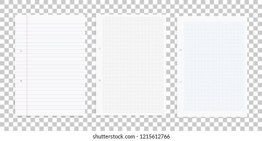 Set of white paper sheets on transparent background. Office supply object for business background. Vector illustration.