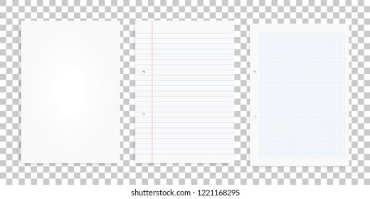 Set of white paper sheets on transparent background. Office supply object for business background. Vector illustration.