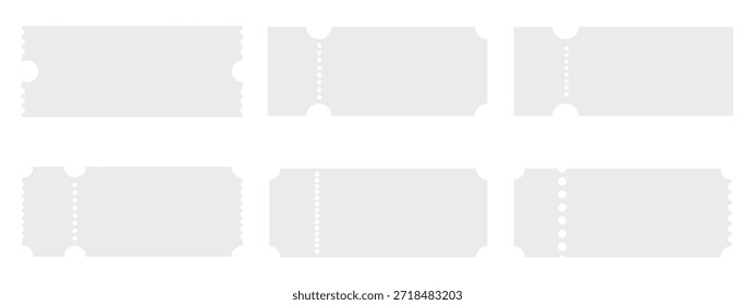 set of white paper sheets, White ticket and coupon vector collection PNG. Isolated blank paper forms for events, movies, theater, flights, or vouchers. Minimalist mockups with perforated edges