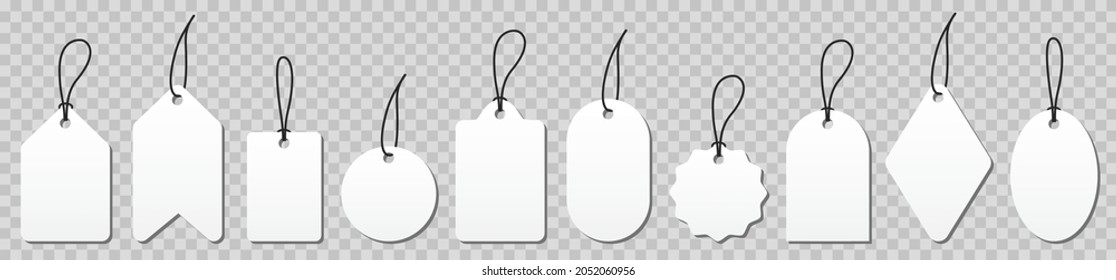 Set white paper shop badge, template shopping labels with shadow, commercial price tag collection. Paper labels with cord isolated, blank price or gift tags – stock vector