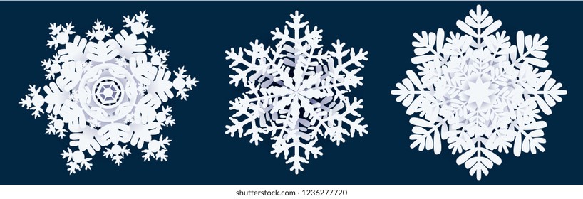 set of white paper snowflakes, 3D paper cut, isolated elements on dark background