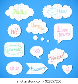 Set of white paper speech bubbles. Empty blank, template for written communication, information, words. Vector Illustration, notebook, marker effect.